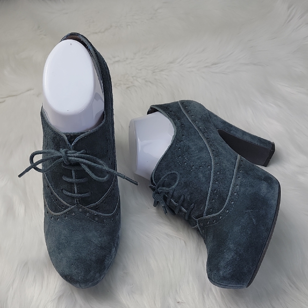 MIZ MOOZ Lance Blue Gray Suede Oxford Wingtip Victorian Lace Up Bootie Heels‎ 9